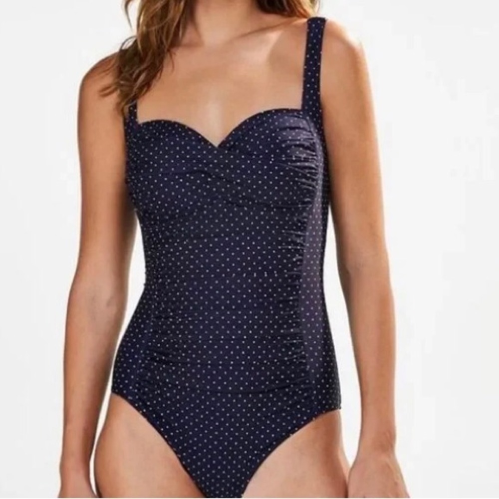 NIPTUCK Navy Pin-Dot Ruched Slimming Swimsuit Sz. 10 Multi Fit Cup Padded Beach